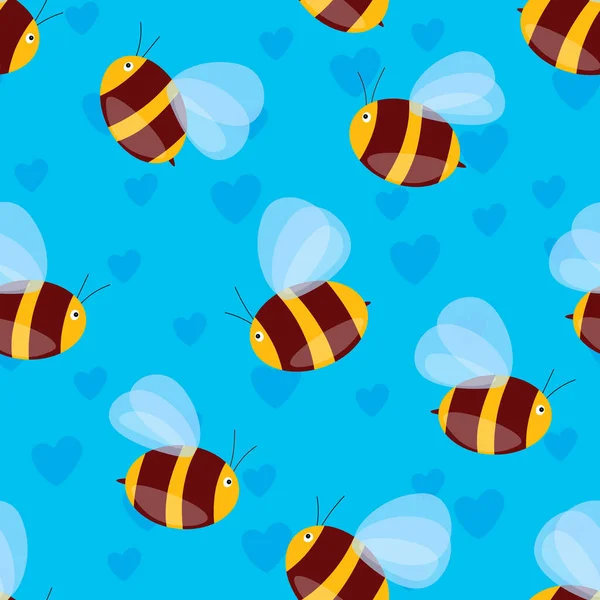 Nahtloses Muster mit Bienen und Herzen auf farbigem Hintergrund. Kleine Wespe. Vektorillustration. Entzückende Zeichentrickfigur. Muster für Einladungen, Karten, Textilien, Stoff. Doodle-Stil. — Stockvektor