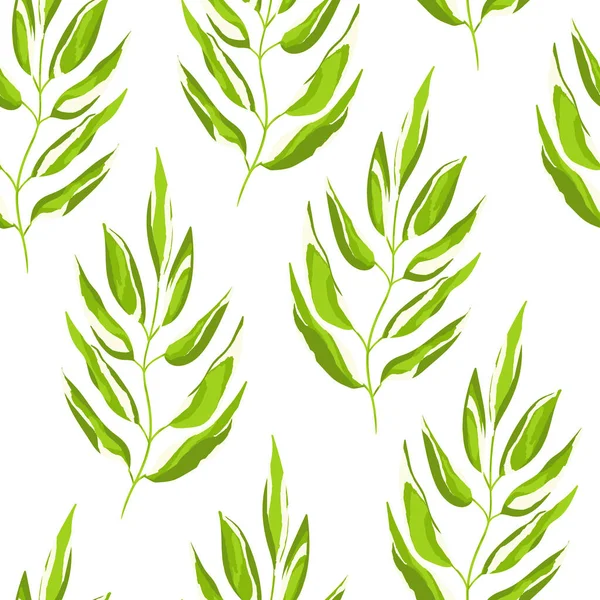 Green and white seamless pattern with sprigs. Vector stock illustration for fabric, textile, wallpaper, posters, paper. Fashion print. Branch with monstera leaves. Doodle style — Stock Vector