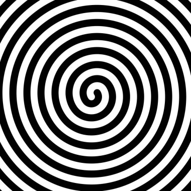 Hipnoz edici siyah-beyaz spiral. Tek renkli soyut bir arkaplan. Vektör düz geometrik çizim. Pankart, web sitesi, şablon, broşür, poster tasarımı