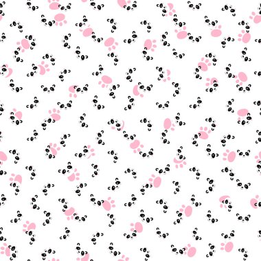 Güzel pandası olan kusursuz bir desen, beyaz arka planda ayak izi. Komik Asya hayvanları. Kart, çocuklar için kartpostallar. Kumaş, tekstil, duvar kağıdı, poster, hediye paketi için düz vektör çizimi