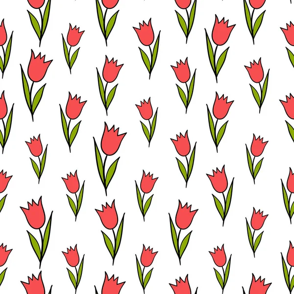 Ilustración de primavera vector colorido con tulipanes rojos. Estilo de dibujos animados. Diseño para tela, textil, papel. Impresión de vacaciones para Semana Santa, Cumpleaños, 8 de marzo. Flores con hojas — Archivo Imágenes Vectoriales