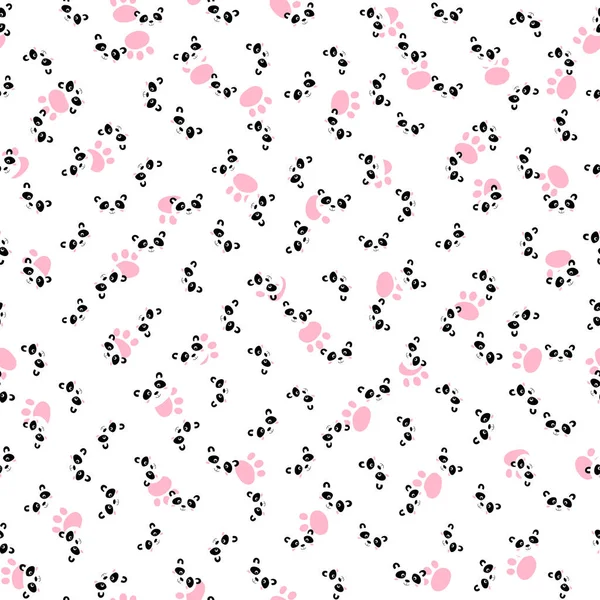 Seamless pattern with cute panda, footprint on white background. Funny asian animals. Card, postcards for kids. Flat vector illustration for fabric, textile, wallpaper, poster, gift wrapping paper — Stock Vector