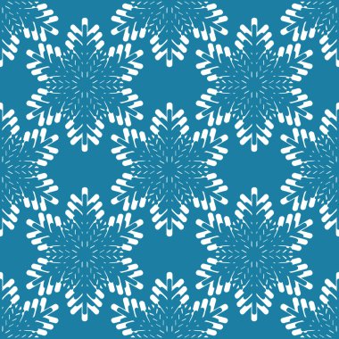 Mavi zemin üzerinde beyaz kar taneleri olan kışın pürüzsüz deseni. Kumaş, tekstil duvar kağıtları, posterler, hediye ambalaj kağıtları için vektör çizimi. Noel vektör illüstrasyonu. Yağan kar