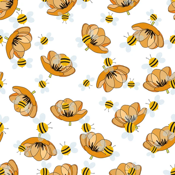 Padrão sem costura com abelhas em fundo floral. Uma vespa pequena. Ilustração vetorial. Personagem de desenho animado adorável. Modelo de design para convite, cartões, têxtil, tecido. Estilo doodle — Vetor de Stock