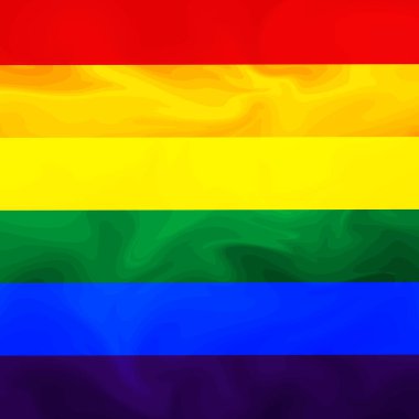 Bayrak LGBT kare simgesi, rozet veya düğme. Şablon tasarımı, vektör çizimi. Aşk kazanır. Gökkuşağı renklerinde LGBT sembolü. Eşcinsel gururu kumaş arka planı