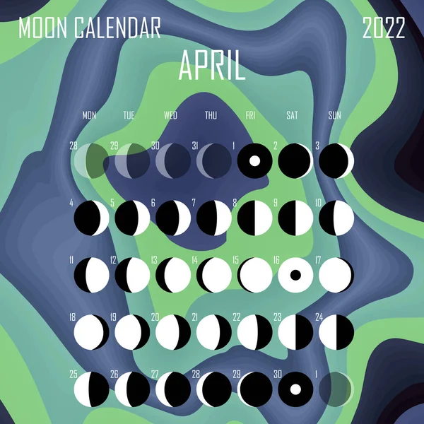 Mondkalender April 2022. Astrologisches Kalenderdesign. Planer. Platz für Aufkleber. Monat-Zyklus-Planer-Attrappe. Isolierte Farbe flüssigen Hintergrund — Stockvektor