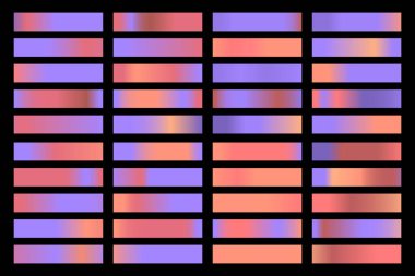 Parlak renkli hologramı olan metalik gradyan koleksiyonu. Holografik folyo dokusu, altın gül, mavi ve altın oyma. Çerçeve, kurdele, sınır, diğer tasarım için vektör ayarlandı