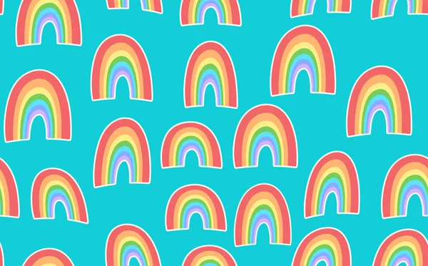 Trendiges nahtloses Muster mit buntem Regenbogen auf farbigem Hintergrund. Design für Einladung, Plakat, Karte, Stoff, Textil, Stoff. Nette Urlaubsillustration für Baby. Doodle-Stil — Stockvektor