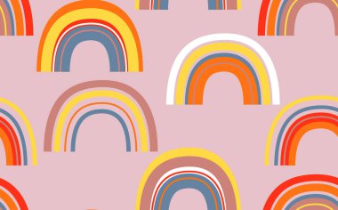 Renkli gökkuşağı renkleriyle renksiz modaya uygun bir model. Davetiye, poster, kart, kumaş, tekstil, kumaş tasarımı. Bebek için şirin bir tatil illüstrasyonu. İskandinav karalama stili