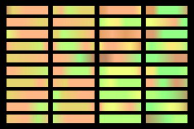 Parlak renkli hologramı olan metalik gradyan koleksiyonu. Holografik folyo dokusu, altın, yeşil ve kahverengi kademe. Çerçeve, kurdele, sınır, diğer tasarım için vektör ayarlandı