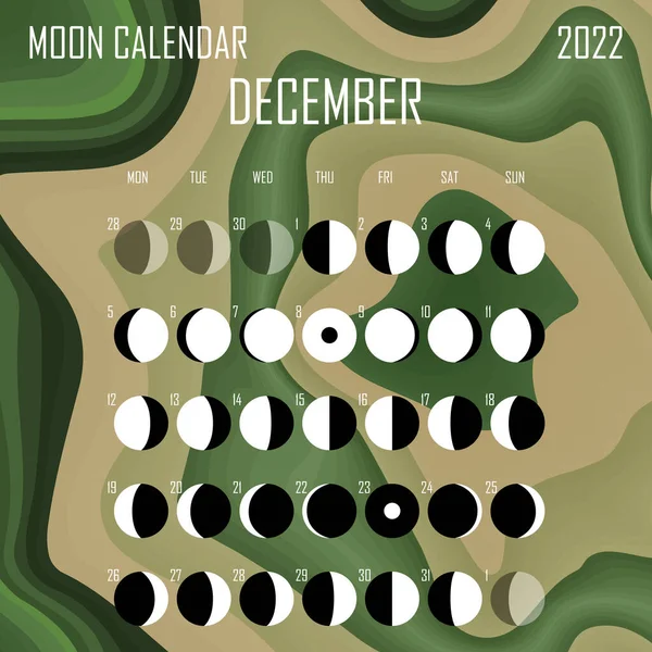 Décembre 2022 Calendrier lunaire. Conception de calendrier astrologique. planificateur. Place pour autocollants. Modélisation du planificateur du cycle du mois. Couleur isolée fond liquide — Image vectorielle