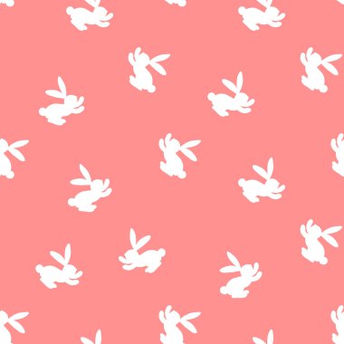 Pembe arka planda beyaz siluetli Paskalya tavşanları. Kart, kartpostal, duvar kağıdı, kumaş, tekstil tasarımı. Vektör hisse senedi çizimi. Çizgi film biçimi