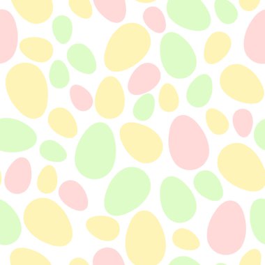 Beyaz arka planda renkli yumurtaları olan kusursuz paskalya şablonunuz kutlu olsun. Kartlar, kartpostallar, duvar kağıtları, posterler için puantiyeler. Vektör hisse senedi çizimi. Çizgi film biçimi