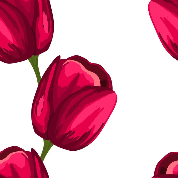 Primavera colorato illustrazione vettoriale con tulipani rossi. Stile cartone animato. Design per tessuto, tessile, carta. Stampa festiva per Pasqua, Compleanno, 8 marzo. Fiori con foglie — Vettoriale Stock