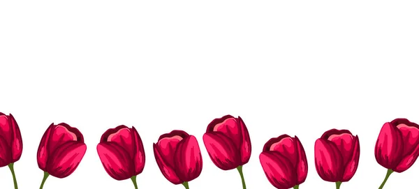 Jarní ilustrace s červenými tulipány. Všechno nejlepší, svátky, oslavy a pozvánky. Barevný květinový prapor s květinami. Moderní květinové skladby s letními větvemi — Stockový vektor