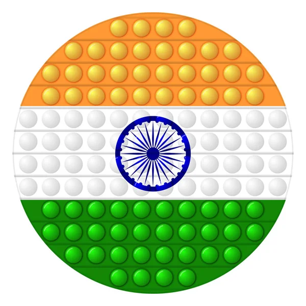 Bola de luz de vidro com bandeira da Índia. Esfera redonda, ícone de modelo. Símbolo nacional indiano. Bola realista brilhante, ilustração vetorial 3D. Jogo antistress na moda pop-lo, covinha simples. Grande bolha —  Vetores de Stock