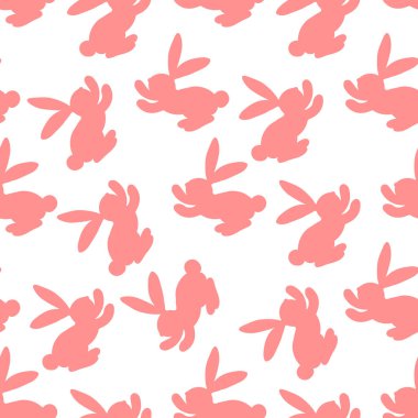 Pembe siluetli kusursuz desenli beyaz arka planda Paskalya tavşanları. Kart, kartpostal, duvar kağıdı, kumaş, tekstil tasarımı. Vektör hisse senedi çizimi. Çizgi film biçimi