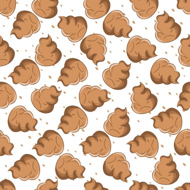 Seamless pattern with kawaii poop on white background. Cartoon poo, feces icons. Shit patterns, evil turd. Vector illustration for invitation, poster, card, fabric, textile. Doodle style