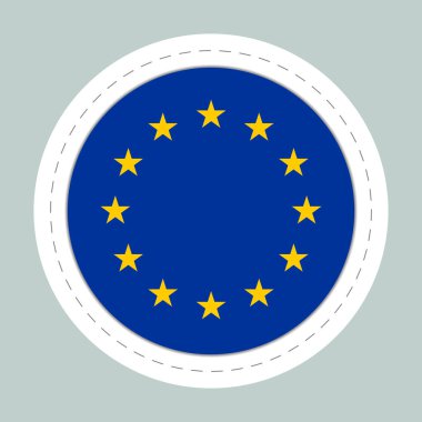 Avrupa Birliği bayraklı çıkartma topu. Yuvarlak küre, şablon simgesi. AB ulusal sembolü. Parlak gerçekçi top, 3 boyutlu soyut vektör çizimi. Büyük kabarcık.