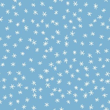 Mavi zemin üzerinde beyaz kar taneleri olan kışın pürüzsüz deseni. Kumaş, tekstil duvar kağıtları, posterler, hediye ambalaj kağıtları için vektör çizimi. Noel vektör illüstrasyonu.