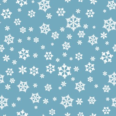 Mavi zemin üzerinde beyaz kar taneleri olan kışın pürüzsüz deseni. Kumaş, tekstil duvar kağıtları, posterler, hediye ambalaj kağıtları için vektör çizimi. Noel vektör illüstrasyonu. Yağan kar