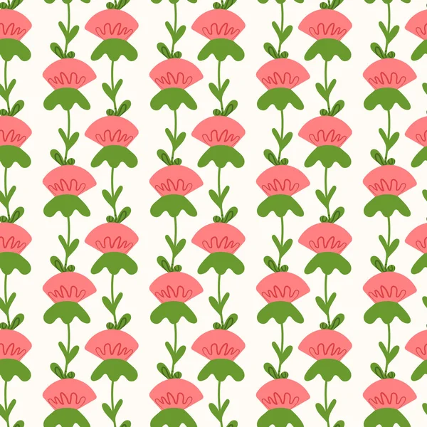 Seamless floral pattern based on traditional folk art ornaments. Colorful flowers on light background. Scandinavian style. Sweden nordic style. Vector illustration. Simple minimalistic pattern — Stock Vector