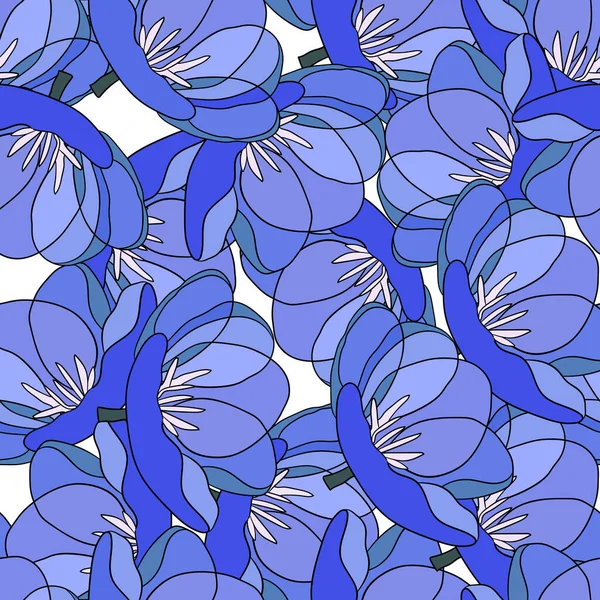 Våren färgglada vektor illustration med blå tulpaner. Tecknad stil. Design för tyg, textil, papper. Semestertryck för påsk, Födelsedag, 8 mars. Blommor med blad — Stock vektor