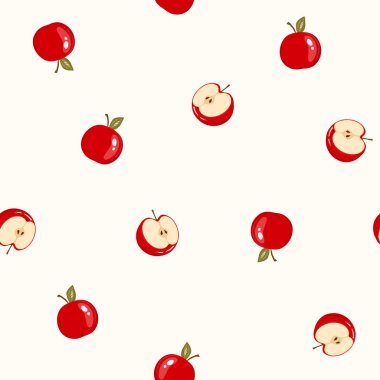 Beyaz arka planda elmalı kusursuz desen. Doğal lezzetli taze lezzetli meyve. Baskı, kumaş, tekstil, pankart ve diğer tasarım için vektör çizimi. Yapraklı elmalar. Yiyecek konsepti