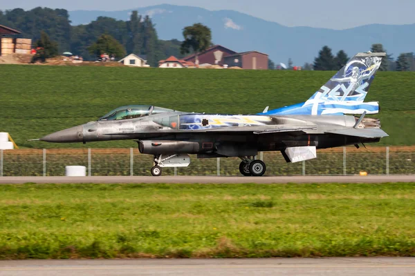 Payerne, Switzerland - September 6, 2014: Military fighter jet plane at air base. Air force flight operation. Aviation and aircraft. Air defense. Military industry. Fly and flying.