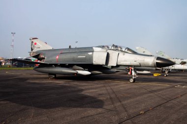 Sliac, Slovakia - August 30, 2014: Military fighter jet plane at air base. Air force flight operation. Aviation and aircraft. Air defense. Military industry. Fly and flying.