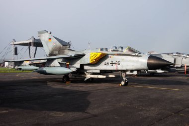 Sliac, Slovakia - August 30, 2014: Military fighter jet plane at air base. Air force flight operation. Aviation and aircraft. Air defense. Military industry. Fly and flying.