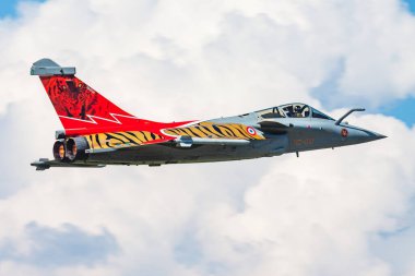 Payerne, Switzerland - September 6, 2014: Military fighter jet plane at air base. Air force flight operation. Aviation and aircraft. Air defense. Military industry. Fly and flying.