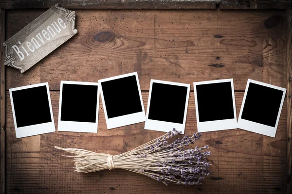 Cornice Polaroid vintage su legno con lavanda e cartello — Foto Stock