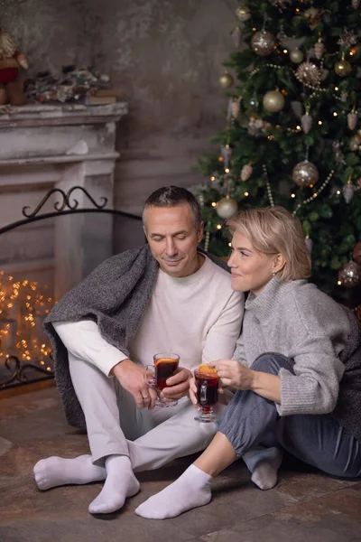 Güzel, yetişkin bir kadın ve bir adam bir koltuğa oturur ve bir Noel ağacı ve şöminenin yanında sarılırlar.