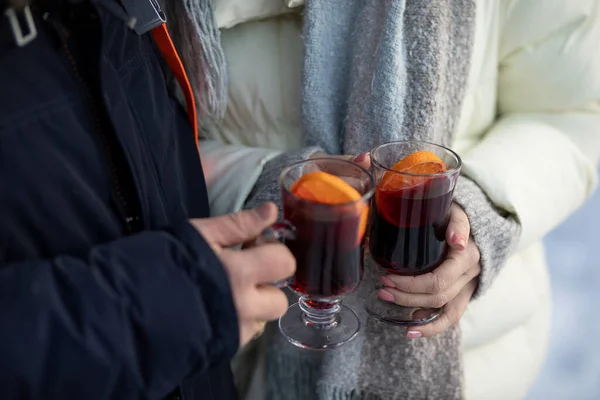 Female Male Hands Holding Glasses Mulled Wine — Stock Photo, Image