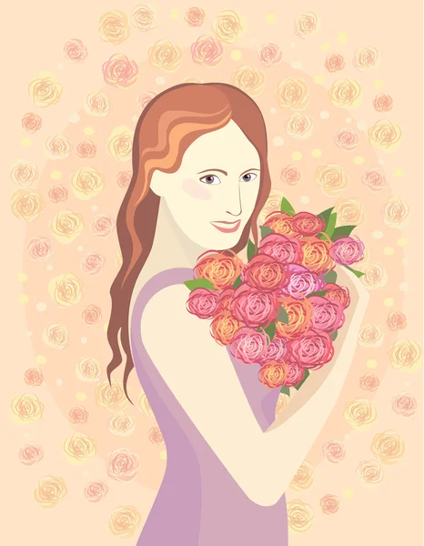 Fille avec un bouquet de roses — Image vectorielle