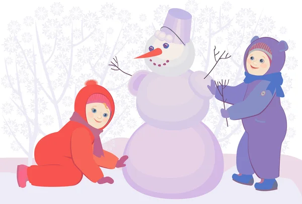 Ilustración vectorial de un muñeco de nieve y niños — Vector de stock