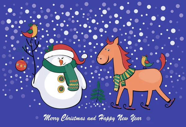 Ilustração vetorial boneco de neve e cavalo —  Vetores de Stock