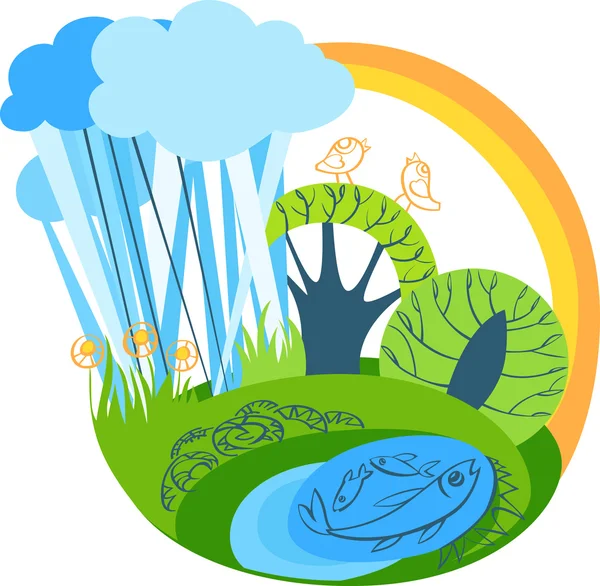 Vektor sommar landskap med regnbåge — Stock vektor