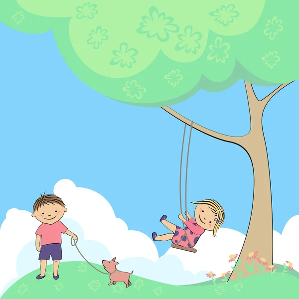 Vector niños jugando en la naturaleza — Vector de stock