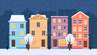 Kasaba caddesinde karlı bir Noel gecesi. Şehir panoraması, vektör illüstrasyonu
