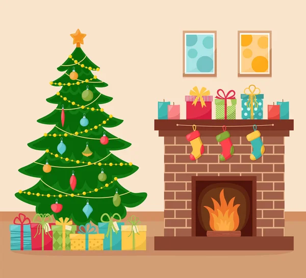 装飾されたモミの木と暖炉のクリスマスルームのインテリア ベクトルイラスト — ストックベクタ