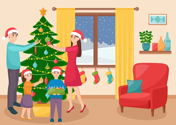 Happy Family Decorates Christmas Tree Living Room Mother Father Daughter — Stock Vector