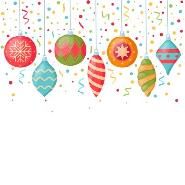 Noel ağacı ve konfeti için asılı süslemeleri olan Noel ve Yeni Yıl kartı, vektör illüstrasyonu