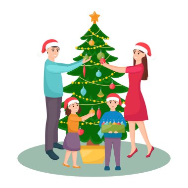 Mutlu aile Noel ağacını süslüyor. Anne, baba, kız ve oğul Noel şapkalı köknar ağacı süsleme, vektör illüstrasyonu
