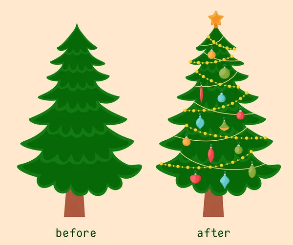 Noel Ağacı Süslemeden Önce Sonra Vektör Illüstrasyonu — Stok Vektör
