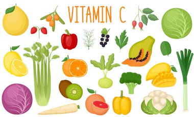 C vitamini kaynakları. Sağlıklı yiyecekler. Sebze ve meyvelerin toplanması. C vitamini. Vektör illüstrasyonu.