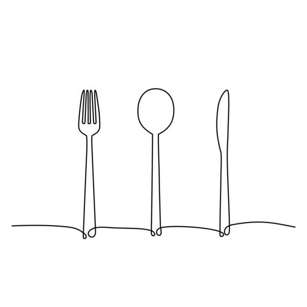 Dibujo Continuo Una Línea Tenedor Cuchara Cuchillo Ilustración Vectorial — Vector de stock