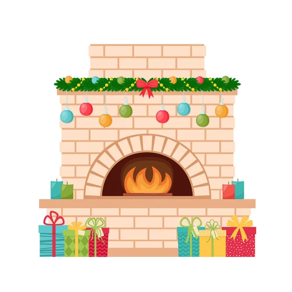 クリスマスの装飾で暖炉 メリークリスマスとハッピーニューイヤー ベクターイラスト — ストックベクタ