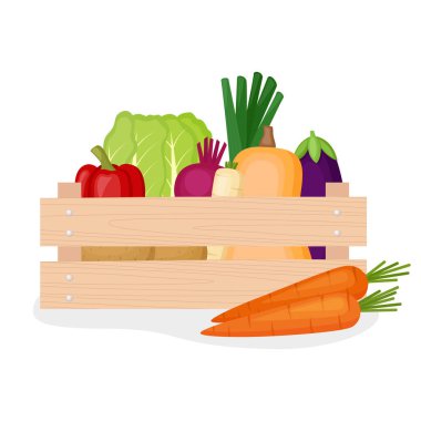 Tahta kutuda taze çiftlik sebzesi, vektör çizimi